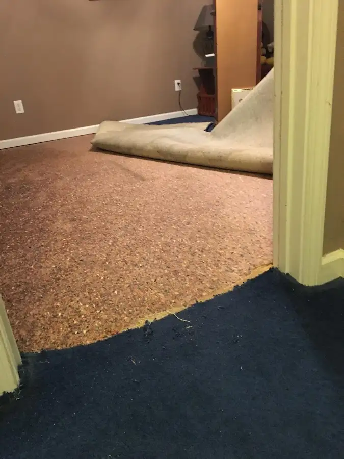 Carpet pad removal revealing water damage during Drying & Dehumidification in North Highlands